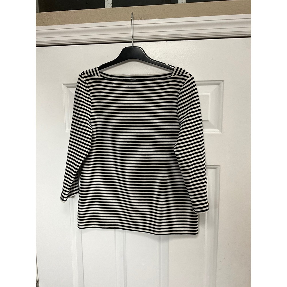 Talbots Petites Navy White Striped Boat Neck Top Gold Zipper Cuffs Size MP